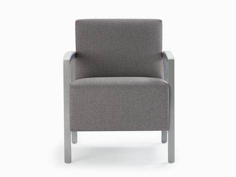 Front view of gray Brava modern lounge chair with solid surface arm caps.
