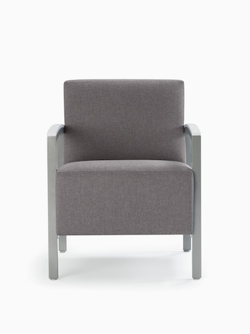 Front view of a gray Brava Modern Lounge Seating chair with solid surface arm caps.