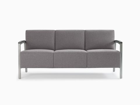 Front view of a gray Brava Modern Lounge Seating three-seat chair with wood arm caps.