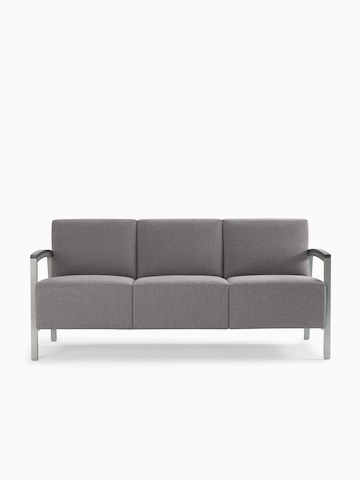 Front view of a gray Brava Modern Lounge Seating (three seat) with wood arm caps.