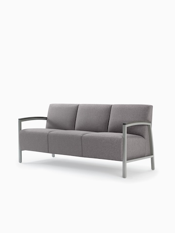 Front three-quarter view of a gray Brava Modern Lounge (three seat) with wood arm caps.
