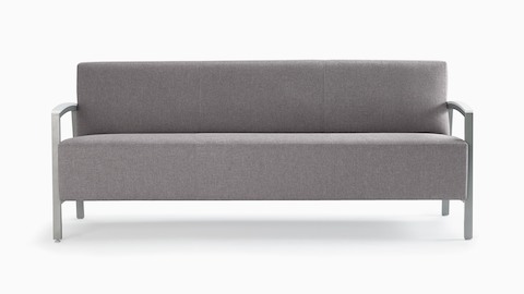 Front view of a gray Brava Modern Lounge Seating sofa with solid surface arm caps.