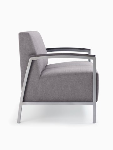 Side view of a gray Brava Modern Lounge Seating two-seat settee with wood arm caps.