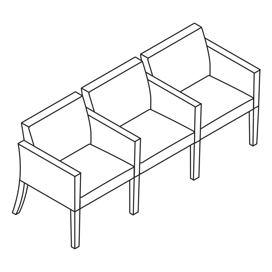A line drawing - Nemschoff Brava Multiple Seating–Closed Arm–Divider Arm and Leg–3 Seat