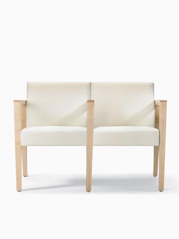 A front view of a Brava 863 two-seat multiple and tandem chair with intervening arms and legs upholstered in white textile with solid maple arms and legs.