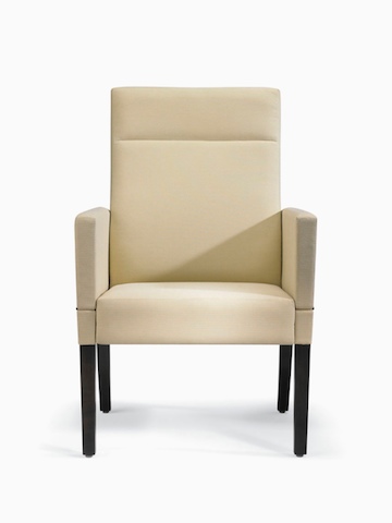 A front view of a Brava 863 high-back patient chair in white textile with fully upholstered arms.
