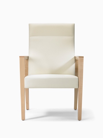 A front view of a Brava 863 high back patient chair in white textile with open maple wood arms.