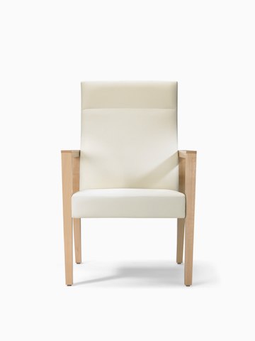 A front view of a Brava 863 high back patient chair in white textile with open maple wood arms.