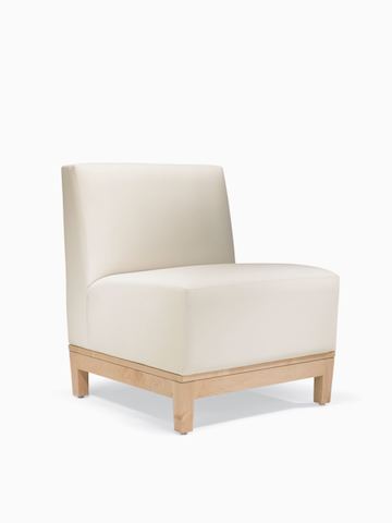A three-quarter view of a Brava Platform Chair without arms in white textile with maple base.