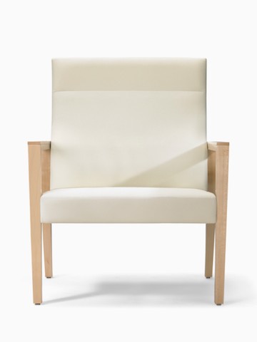 A front view of a Brava 863 Plus Chair with high-back in white textile with open maple wood arms and maple base.
