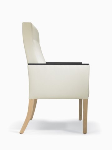 A side view of a Brava 862 Plus Chair with high-back in white textile with urethane arm caps and maple base.