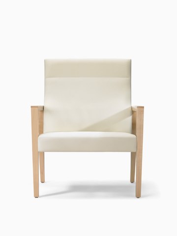 A front view of a Brava 863 high-back plus chair in white textile with open maple wood arms.