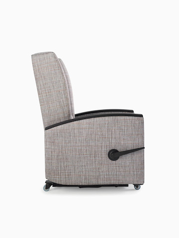 Culla Reclining Glider in gray patterned textile with gray textile seat and black solid surface arm caps, viewed from the side.