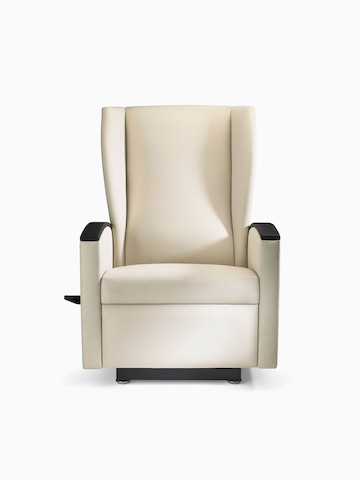 Nemschoff Culla Reclining Glider in a cream upholstery with dark brown urethane armcaps, viewed from the front.