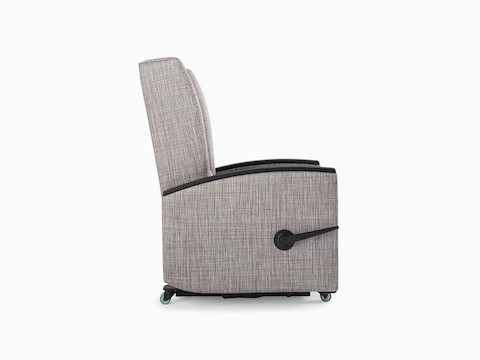 Culla Reclining Glider in gray patterned textile with gray textile seat and black solid surface arm caps, viewed from the side. Culla Reclining Glider in gray patterned textile with gray textile seat and black solid surface arm caps, viewed from the side.