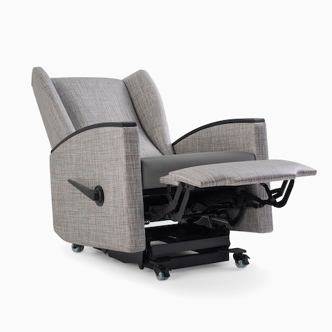 Culla Reclining Glider in gray patterned textile with gray textile seat and black solid surface arm caps, viewed at an angle. Culla Reclining Glider in gray patterned textile with gray textile seat and black solid surface arm caps, viewed at an angle.