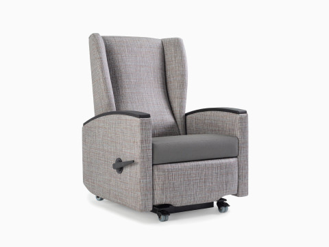 Culla Reclining Glider in gray patterned textile with gray textile seat and black solid surface arm caps, viewed at an angle. Culla Reclining Glider in gray patterned textile with gray textile seat and black solid surface arm caps, viewed at an angle.