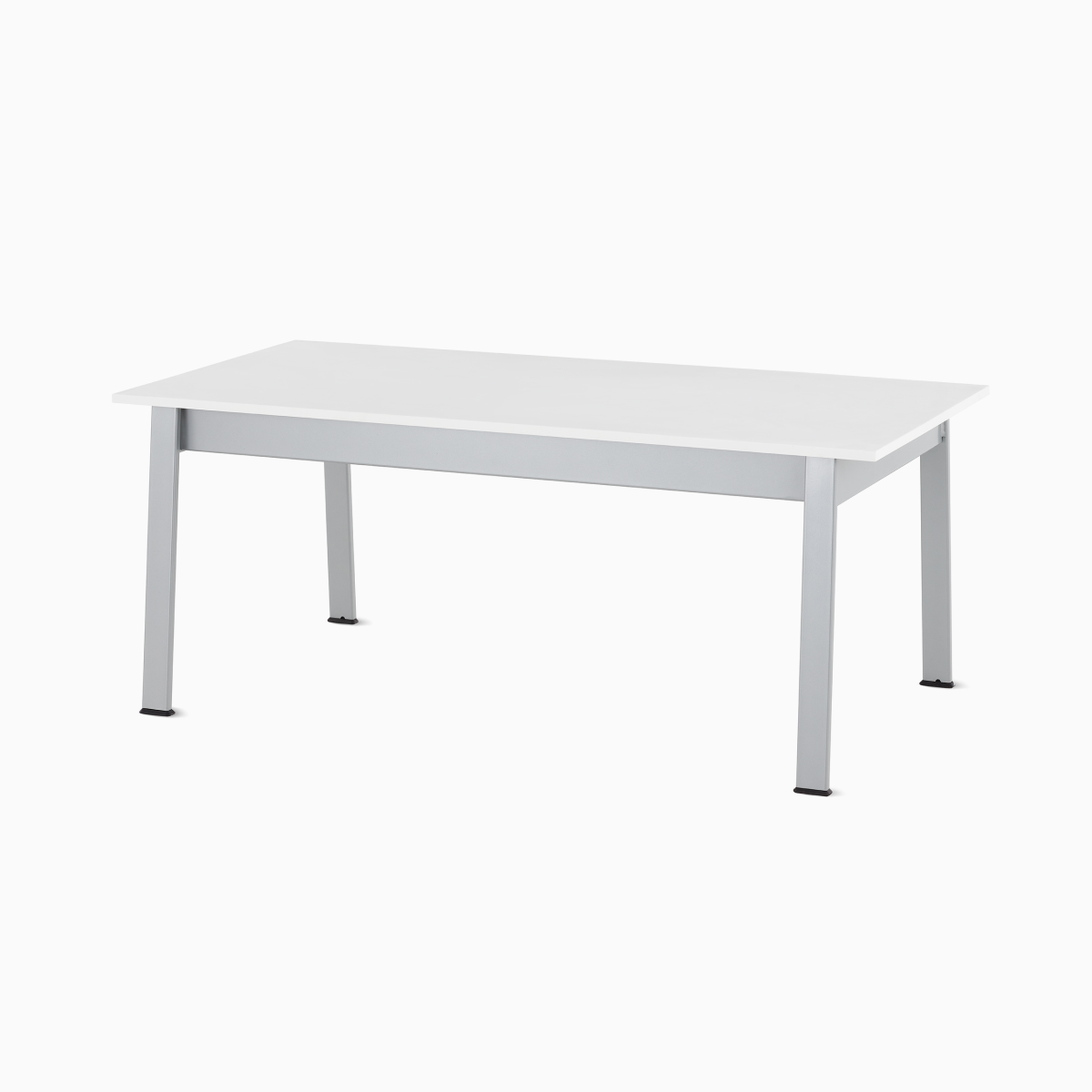 Angled view of an Easton Coffee Table with a glacier white Corian top and metallic silver legs.