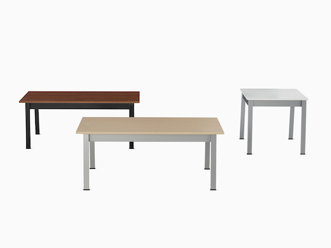 A front on view of two Easton Coffee Tables beside one Easton Side table.