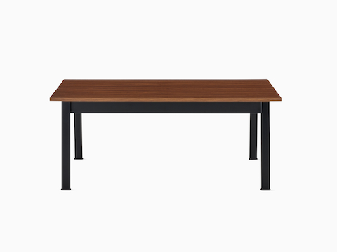 Front view of an Easton Coffee Table with a medium matte walnut laminate top and black legs.