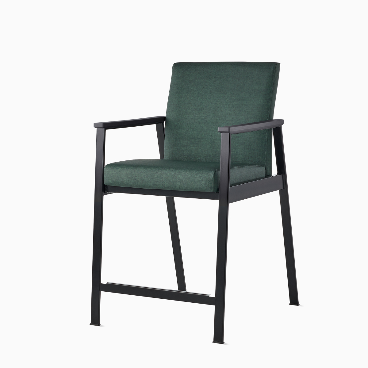 Front-angle view of an Easton Easy Access Chair with green upholstery, black four-leg base, and black arm caps.