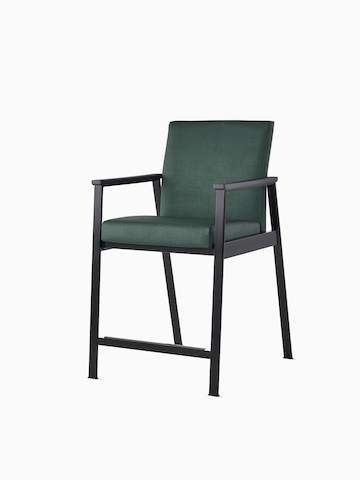 Front angle view of an Easton Easy Access Chair with green upholstery, black four leg base and black arm caps.