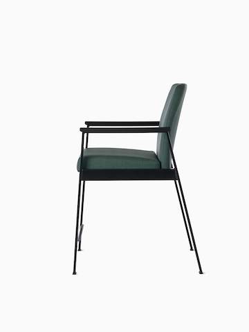 Side view of an Easton Easy Access Chair with green upholstery, black four leg base and black arm caps.