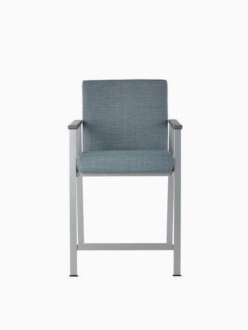 Front-angle view of an Easton Easy Access Chair with blue upholstery, metallic silver four-leg base, and slate gray arm caps.