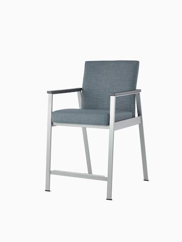 Front angle view of an Easton Easy Access Chair with blue upholstery, metallic silver four leg base and slate grey arm caps.