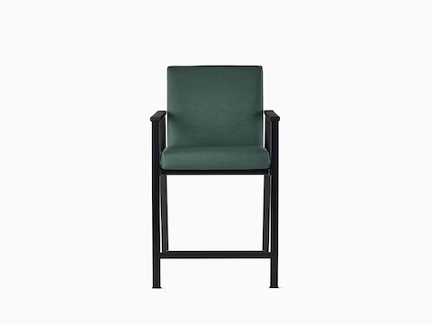 Front view of an Easton Easy Access Chair with green upholstery, black four-leg base, and black arm caps.
