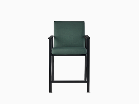 Front view of an Easton Easy Access Chair with green upholstery, black four-leg base, and black arm caps. Front view of an Easton Easy Access Chair with green upholstery, black four-leg base, and black arm caps.