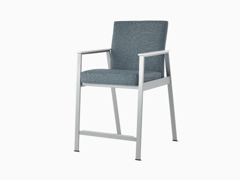 Front-angle view of an Easton Easy Access Chair with blue upholstery, metallic silver four-leg base, and glacier white arm caps. Front-angle view of an Easton Easy Access Chair with blue upholstery, metallic silver four-leg base, and glacier white arm caps.