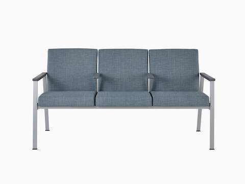 Side view of Easton Multiple Seating with three seats, intervening arms, blue upholstery, metallic silver frame, and gray arm caps.