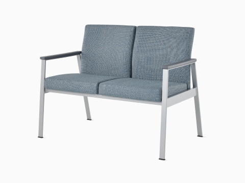 Front-angle view of Easton Multiple Seating with two seats, blue upholstery, metallic silver frame, and gray arm caps.