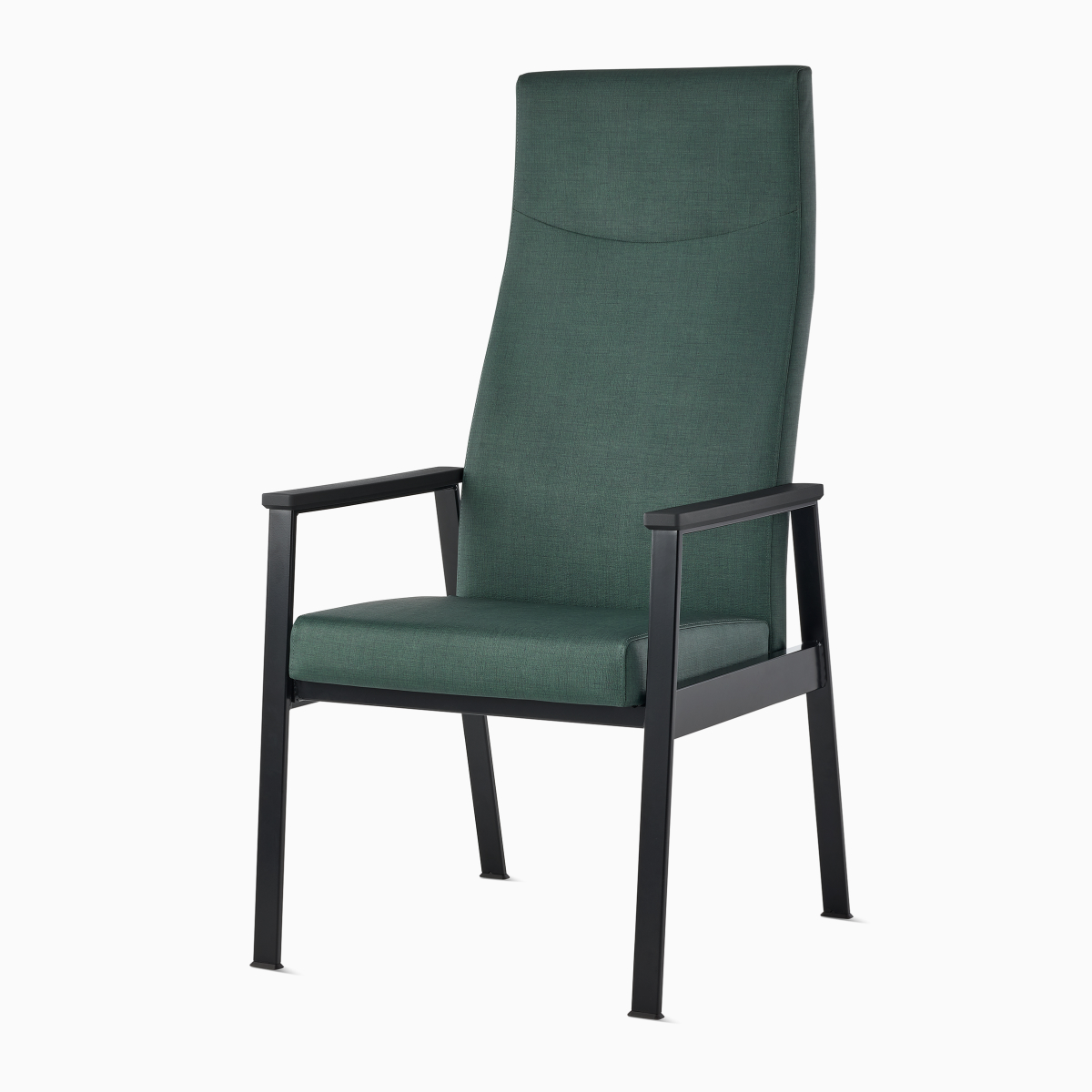 Front-angle view of an Easton Patient Chair with green upholstery, black four-leg base, and black arm caps.