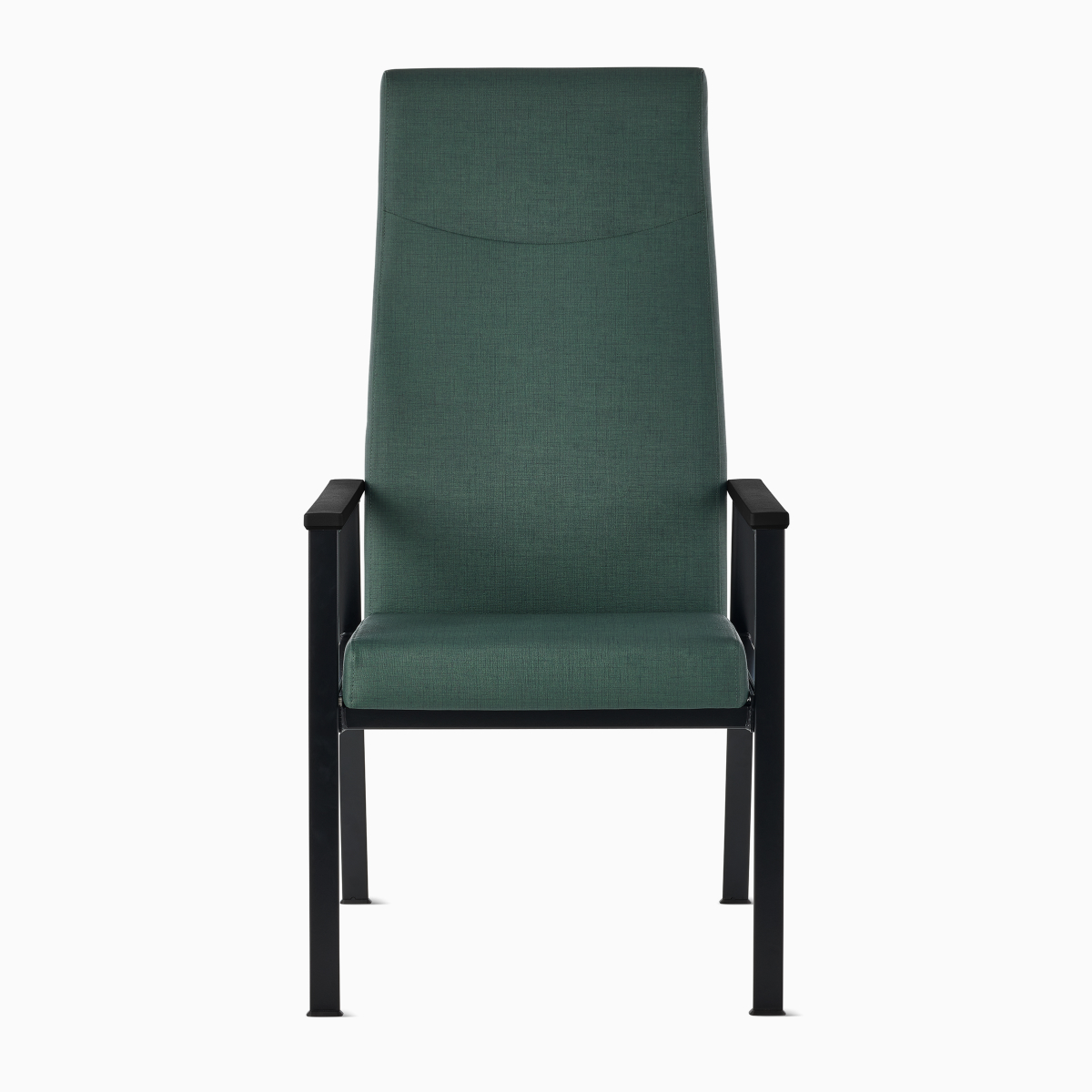 Front view of an Easton Patient Chair with green upholstery, black four-leg base, and black arm caps.