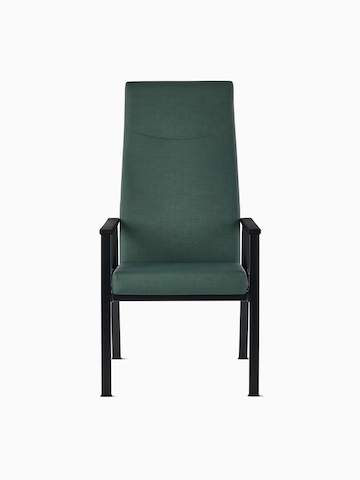 Front view of an Easton Patient Chair with green upholstery, black four leg base and black arm caps.