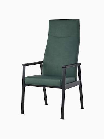 Side view of an Easton Patient Chair with green upholstery, black four-leg base, and black arm caps.