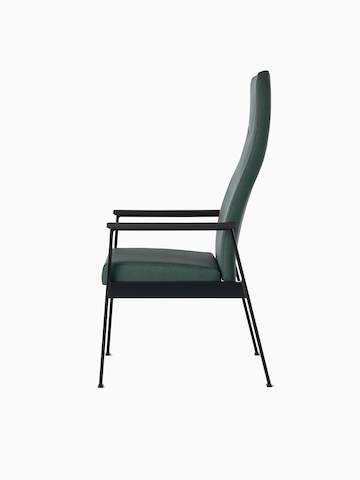 Side view of an Easton Patient Chair with green upholstery, black four leg base and black arm caps.