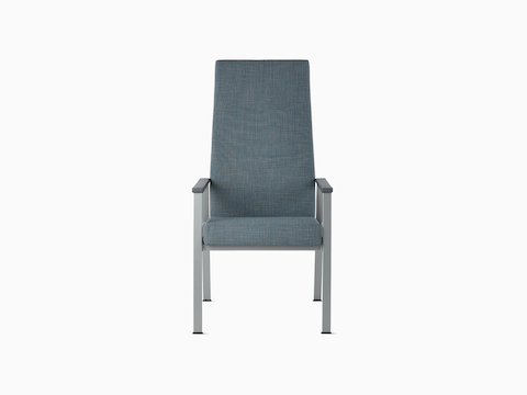 Front view of an Easton Patient Chair with blue upholstery, metallic silver four-leg base, and slate gray arm caps. Front view of an Easton Patient Chair with blue upholstery, metallic silver four-leg base, and slate gray arm caps.
