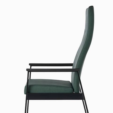Side view of an Easton Patient Chair with green upholstery, black four-leg base, and black arm caps.