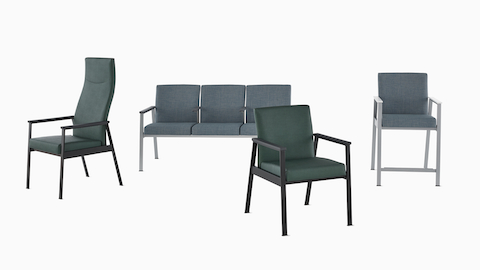 A group of Easton seating products with a Patient Chair and Side Chair in green upholstery and black frame and a three-seat Multiple Seating and Easy Access Chair in blue upholstery and silver frame.