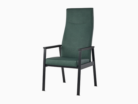 Front-angle view of an Easton Patient Chair with green upholstery, black four-leg base, and black arm caps. Front-angle view of an Easton Patient Chair with green upholstery, black four-leg base, and black arm caps.