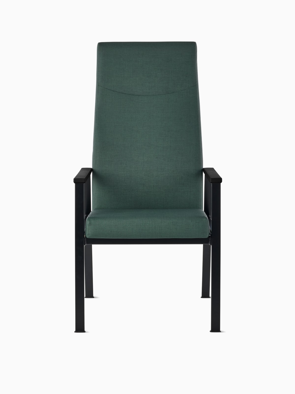 Front view of an Easton Patient Chair with green upholstery, black four-leg base, and black arm caps.