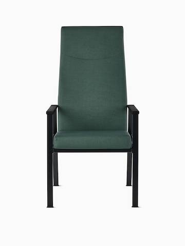 Front view of an Easton Patient Chair with green upholstery, black four-leg base, and black arm caps.