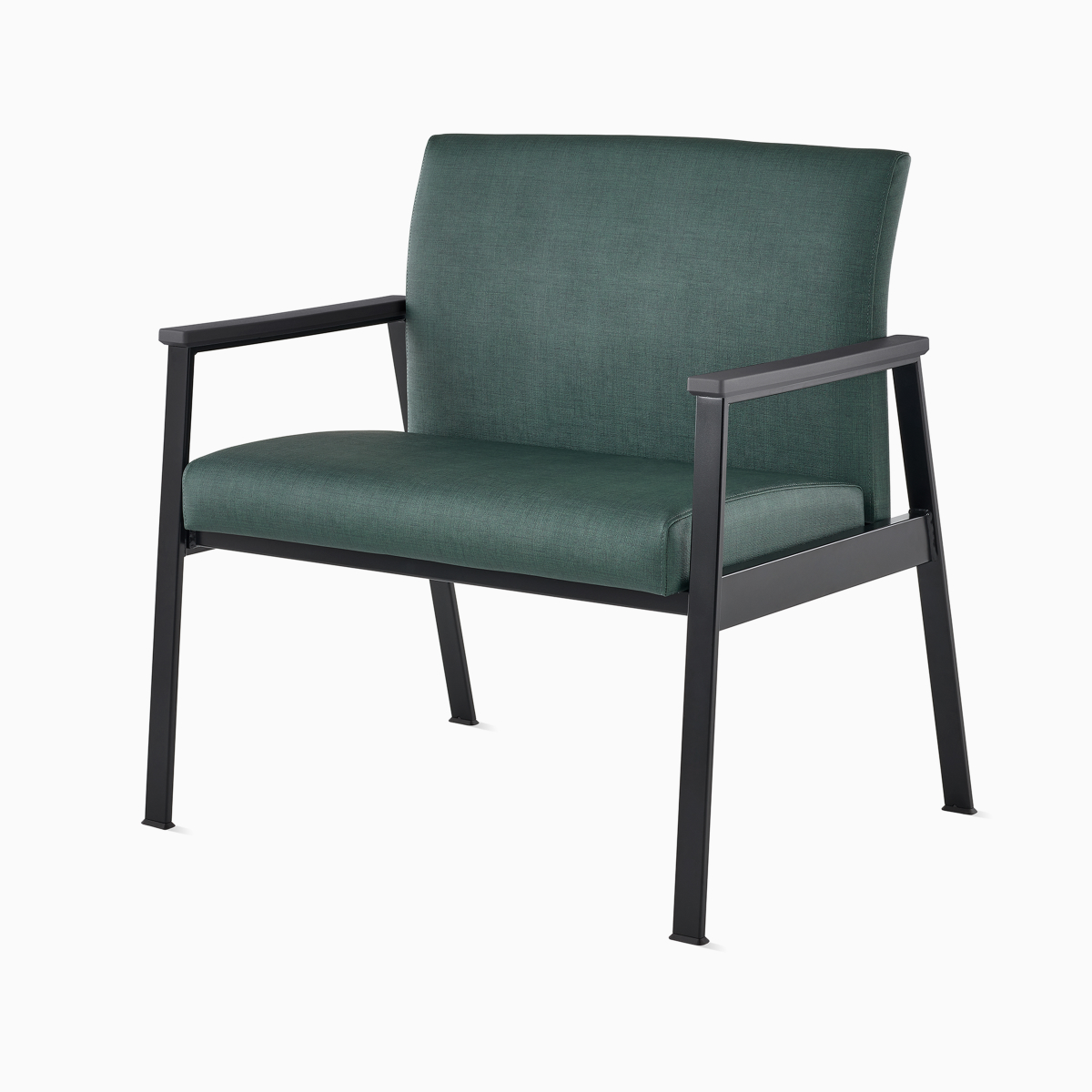 Front-angle view of an Easton Plus Chair with green upholstery, black four-leg base, and black arm caps.