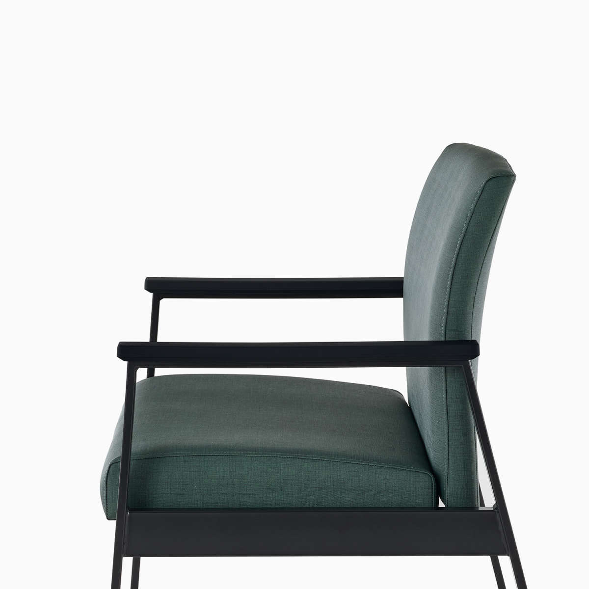Side view of an Easton Plus Chair with green upholstery, black four-leg base, and black arm caps.