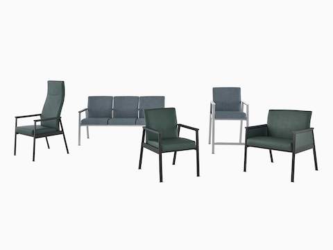 A group of Easton seating products with a Patient Chair, Plus Chair and Side Chair in green upholstery and black frame and three-seat multiple seating and Easy Access Chair in blue upholstery and silver frame.