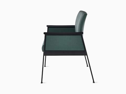 Side view of an Easton Plus Chair with green upholstery, black four leg base, closed arms with green upholstery and black arm caps.