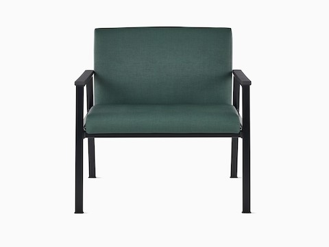 Front view of an Easton Plus Chair with green upholstery, black four-leg base, and black arm caps. Front view of an Easton Plus Chair with green upholstery, black four-leg base, and black arm caps.